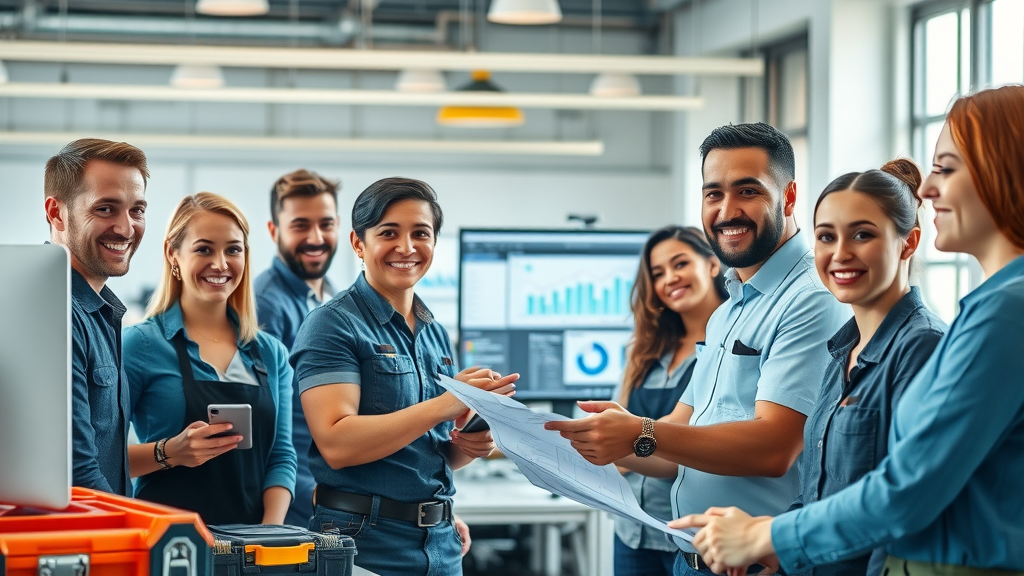 Modern trades business office with collaborative team and digital AI customer service interfaces in action.