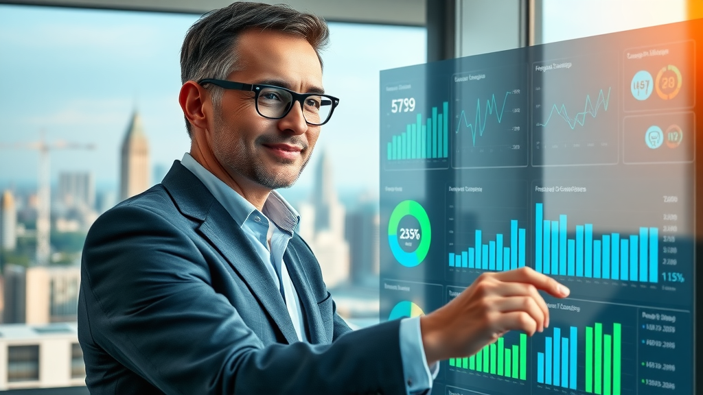 Business manager analyzes real-time AI customer service metrics using advanced dashboard in trades office.