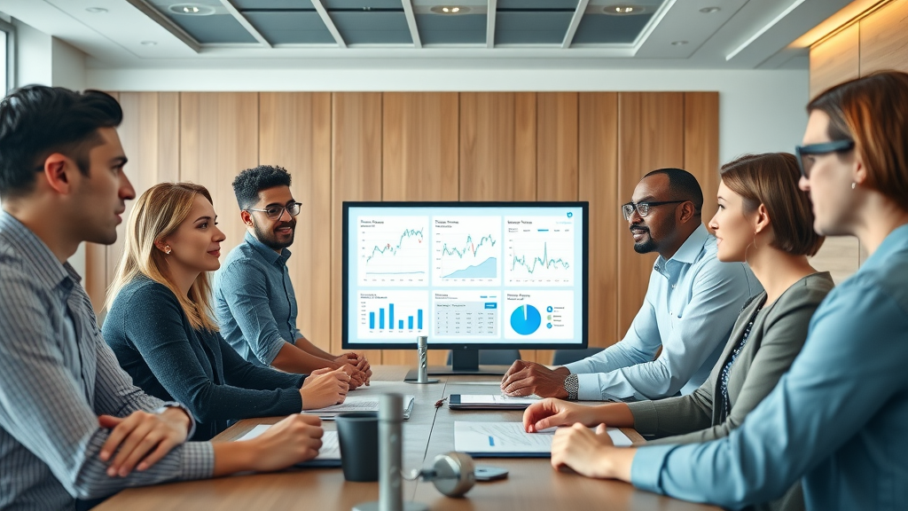 Support team in trades business discussing AI sentiment analysis results for customer service improvement.