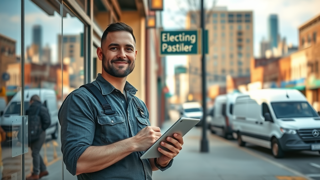 Denver electrician SEO success: Local business storefronts and electrician with a tablet in Denver cityscape