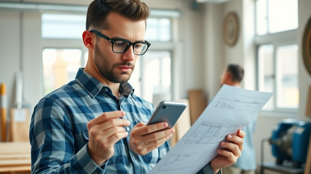 Modern contractor reviewing project plans on a smartphone in a bright office - mobile-friendly websites