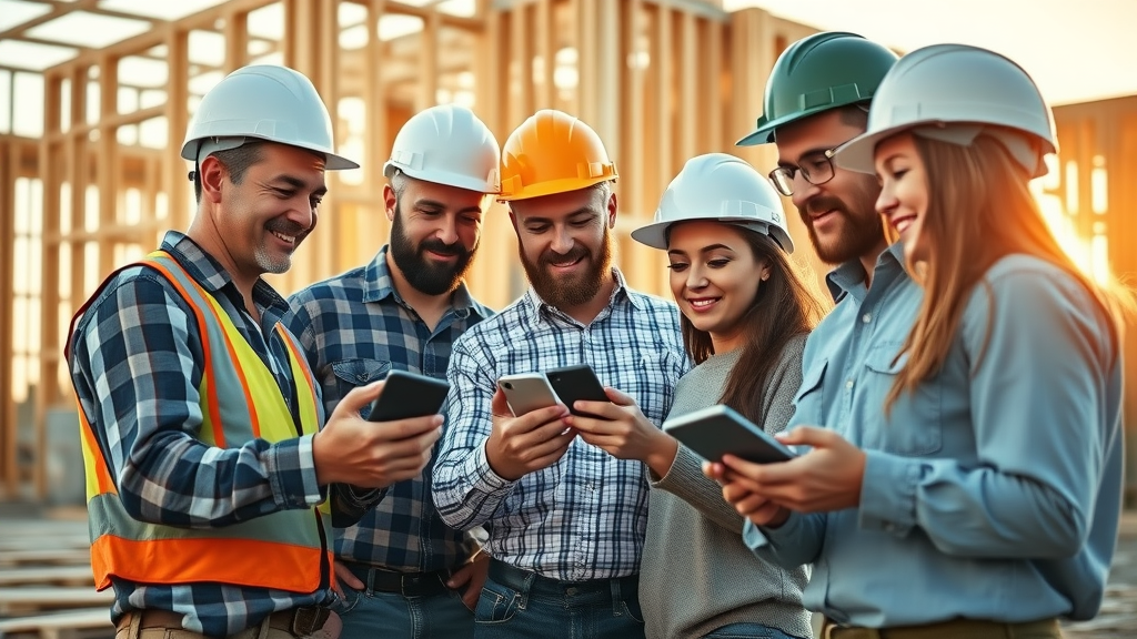 Contractors using smartphones and tablets on job site - mobile web design for contractors