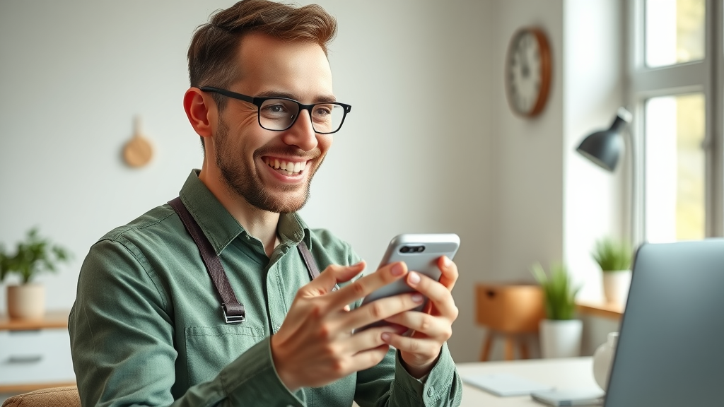 Happy contractor receiving customer inquiry through mobile website - increased leads for contractors