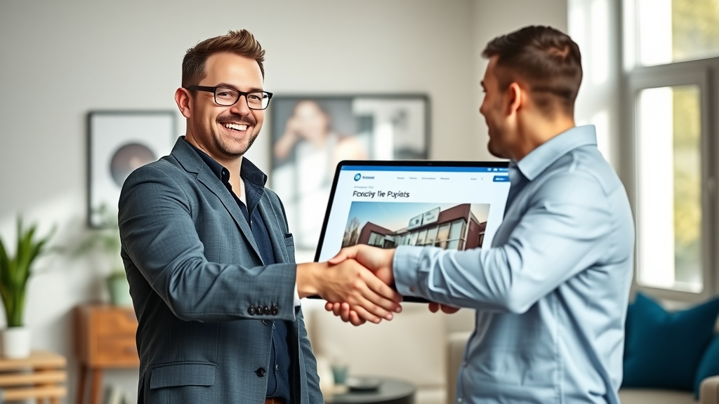 Confident contractor shaking hands with customer with mobile-optimized contractor website on tablet - future-proof mobile web