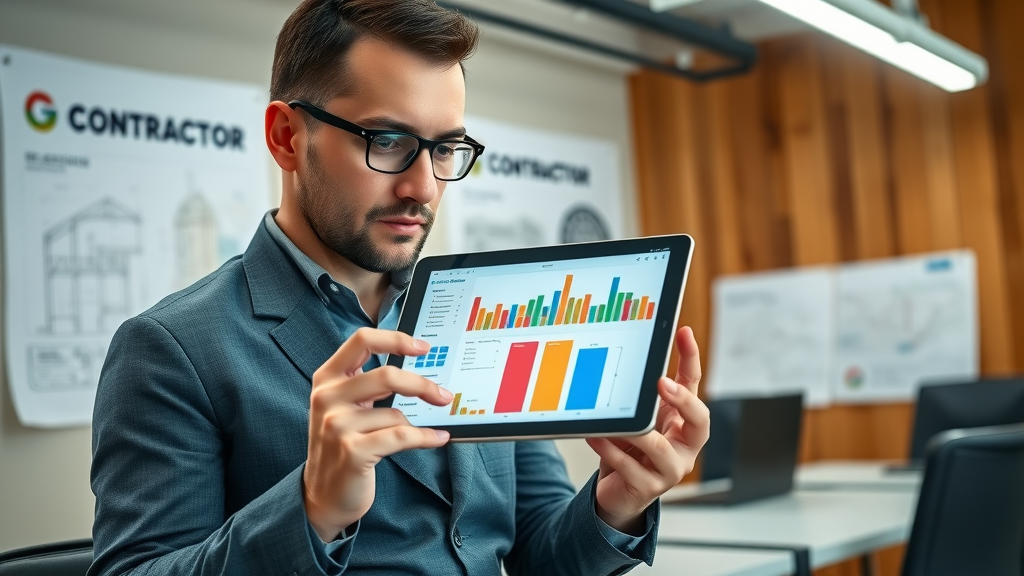 web analyst using interaction heatmap on tablet in contractor branding meeting room