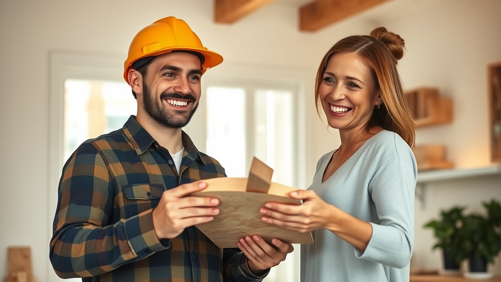 Contractor presenting finished project to satisfied homeowner - video testimonials