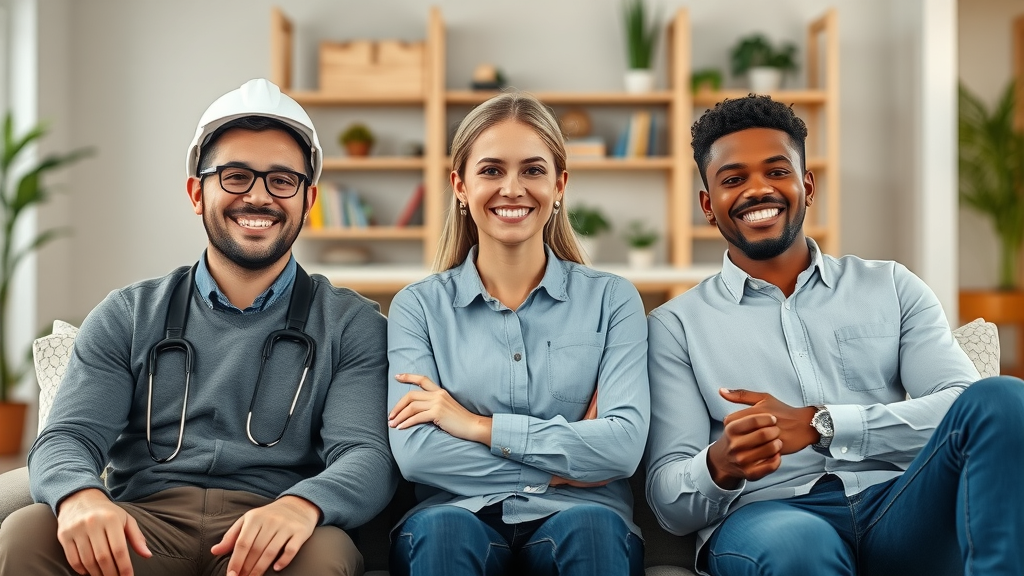 Diverse contractors and customers in video testimonial montage