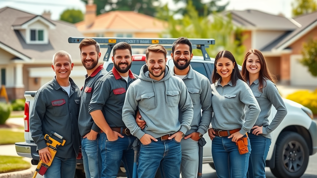 Small roofing team leveraging review growth case study success, standing beside branded work truck in suburban neighborhood