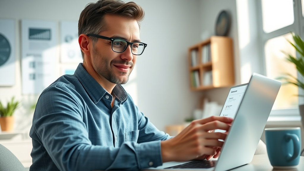 Business owner tracking review growth case study progress on digital dashboard in home office