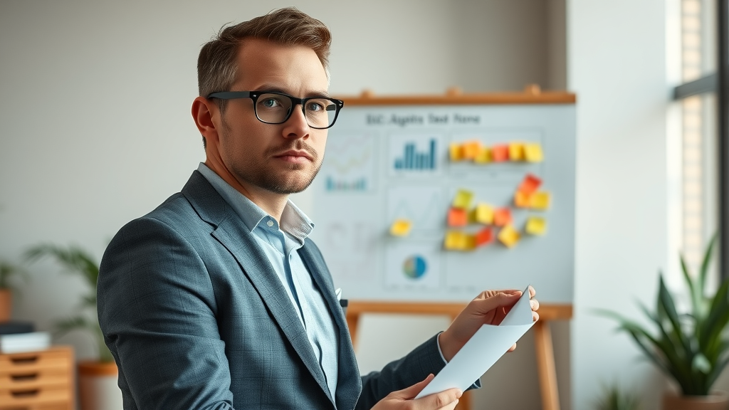 Roofer business owner planning review growth strategy case on whiteboard in minimalist office