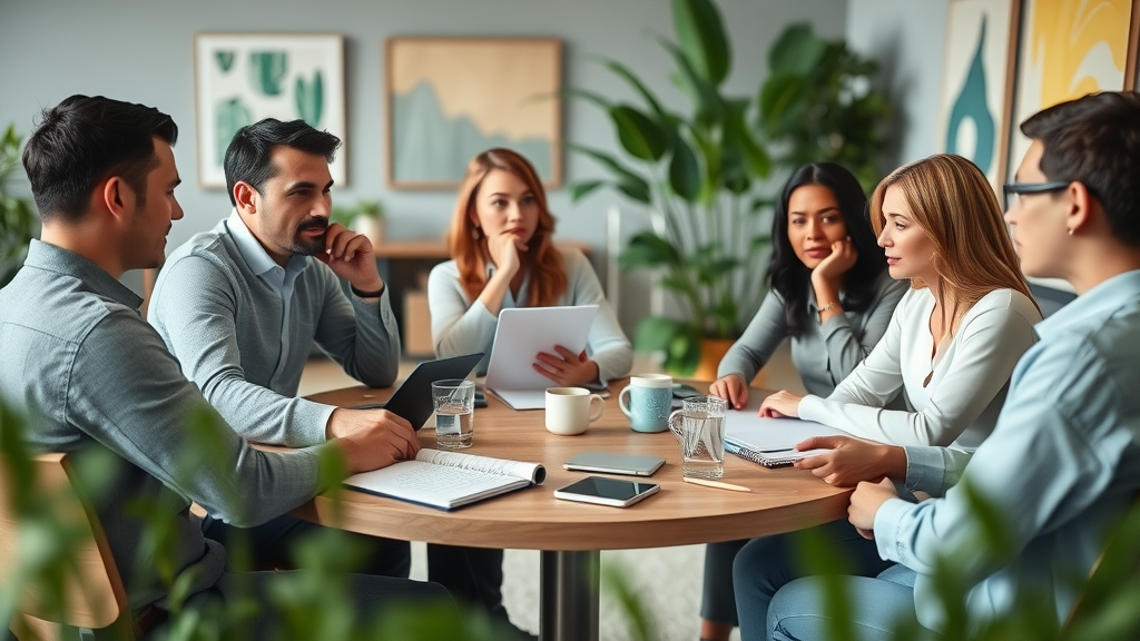 Collaborative roofing team planning review growth marketing strategy case in modern coworking space