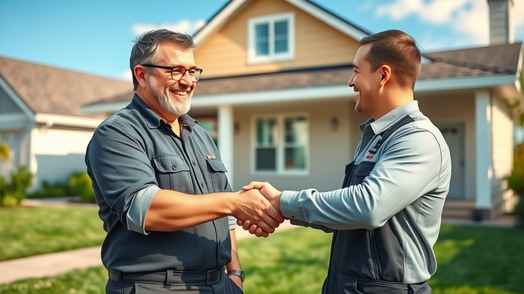 Roofer and customer celebrating review growth case study success outside newly repaired house
