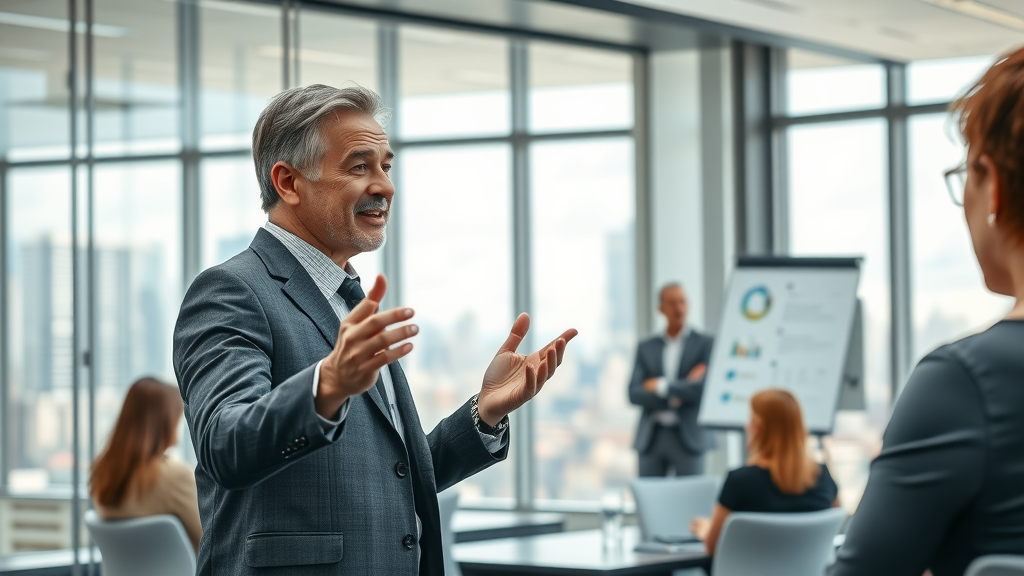 Business coach encouraging group on growth strategy case and review growth marketing tactics in conference room