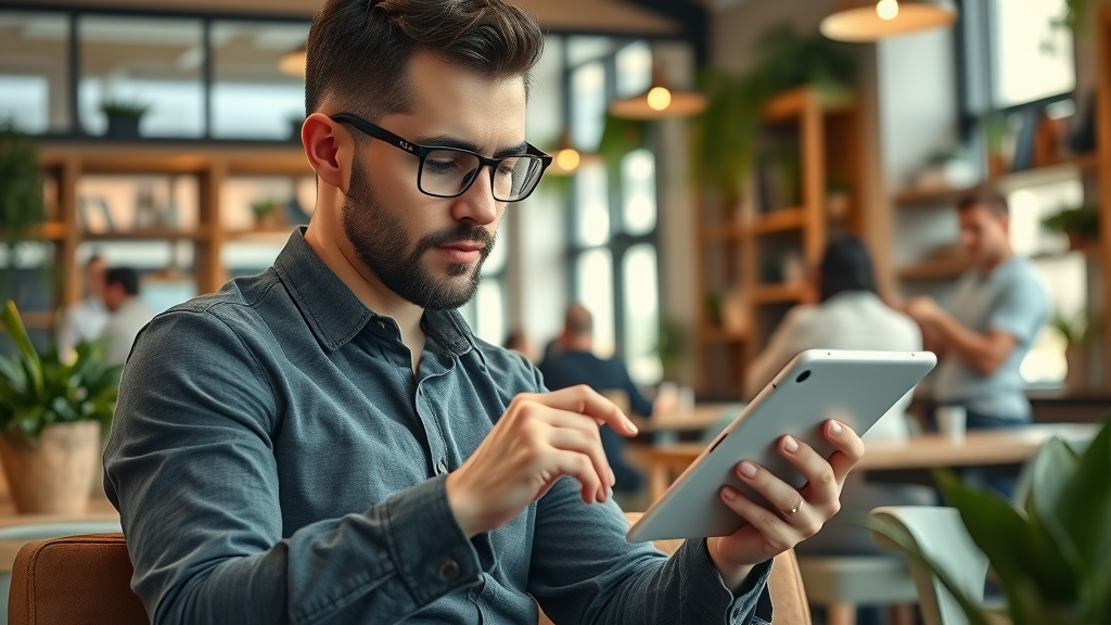 Entrepreneur working on review growth strategy case in trendy coffee shop